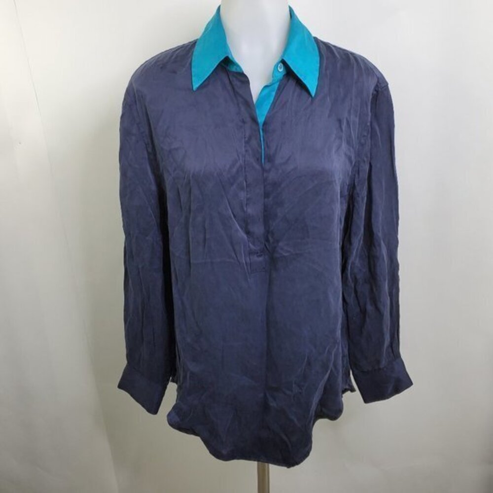 Equipment‎ Silk Top M Blue 1/2 Button Long Sleeve W
